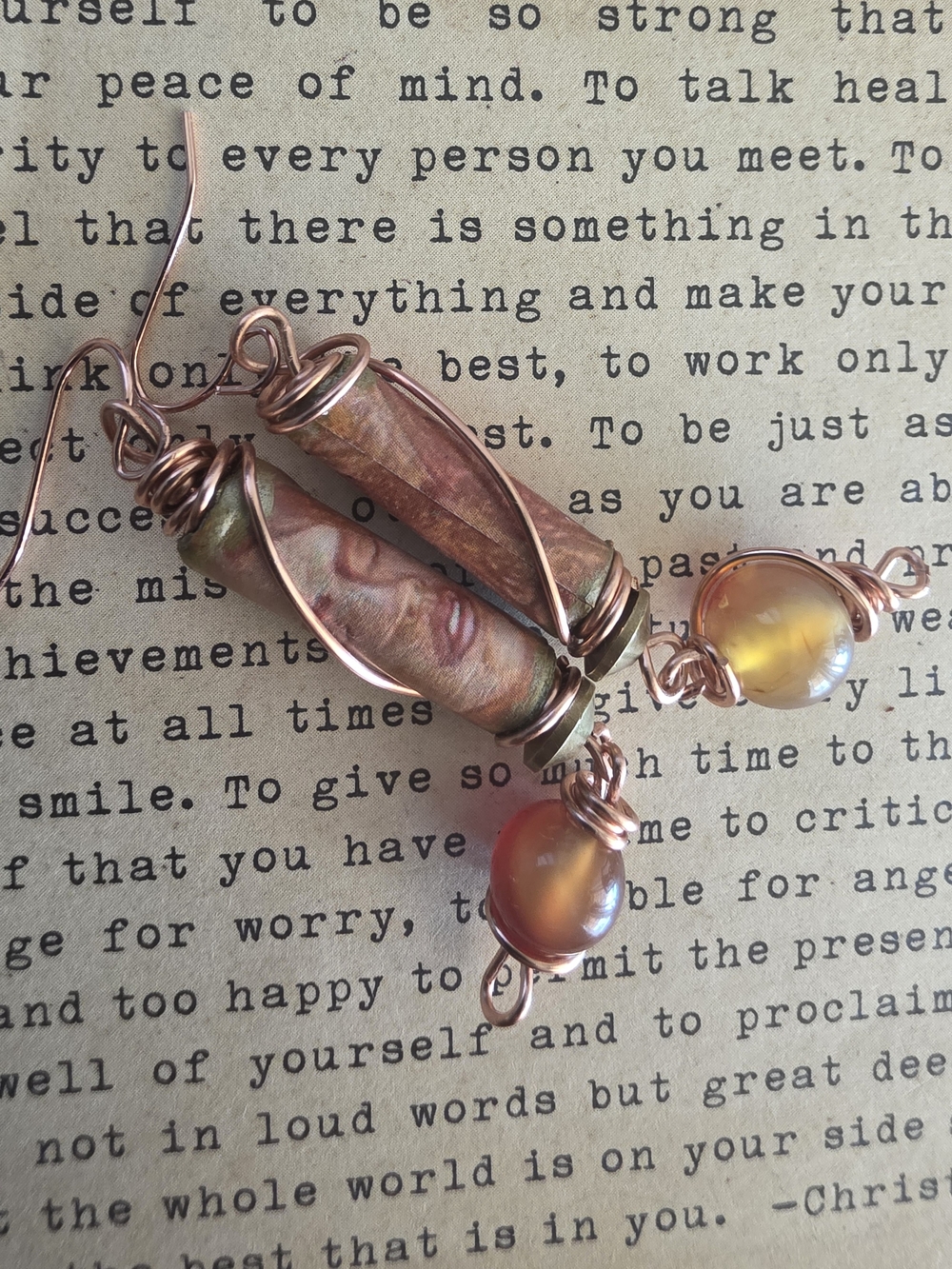 Handcrafted Copper Wire Wrapped Earrings with Amber Beads - Women Jewelry